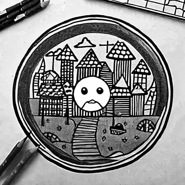 Coloring page of a circle with a face and a town as the backround