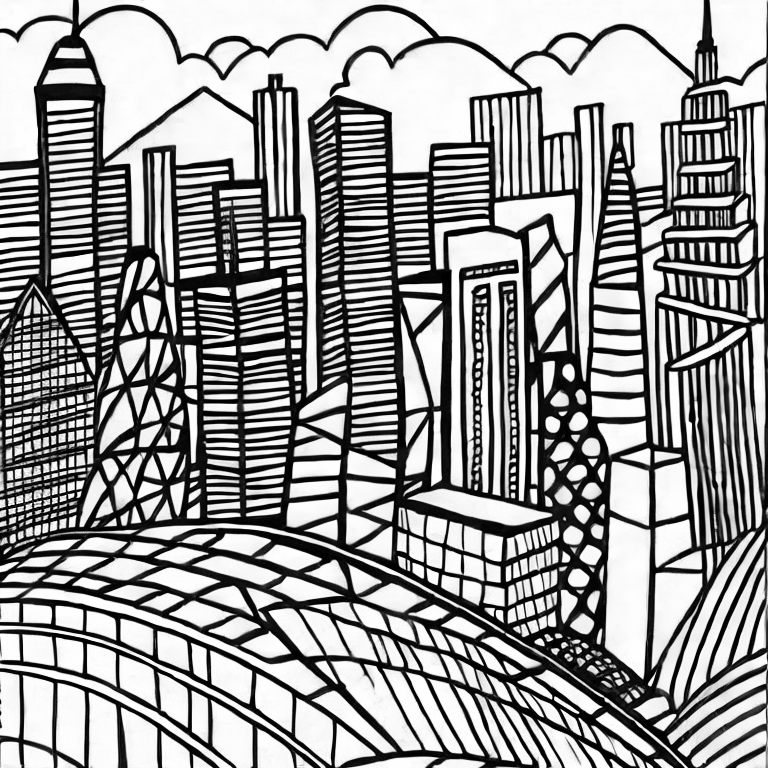 Coloring page of a city full of skycrapers