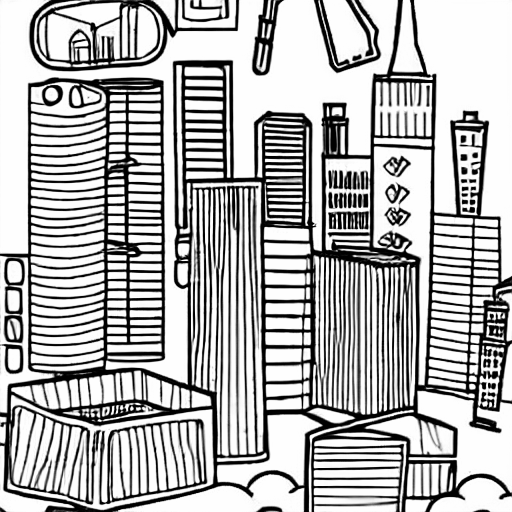 Coloring page of a city made of household items