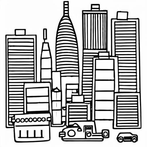 Coloring page of a city made of household items