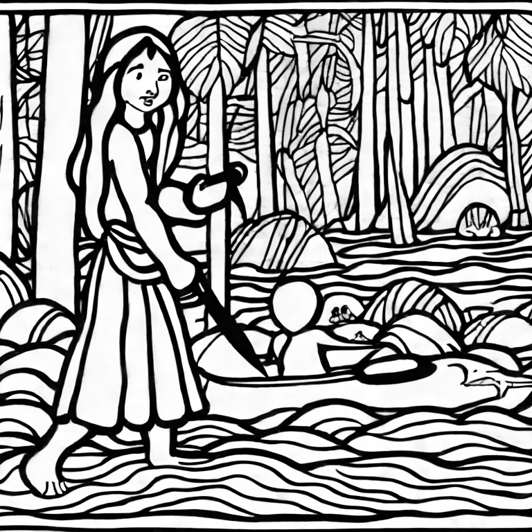 Coloring page of a coloring book for kids john the baptist in the jordan river with people on the shore studio ghibli style black and white thick lines low detail no shading