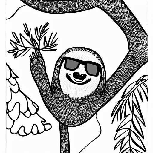 Coloring page of a cool sloth with sunglasses climbing a tree