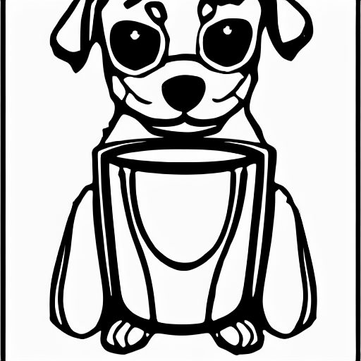 Coloring page of a cute puppy with a coffee