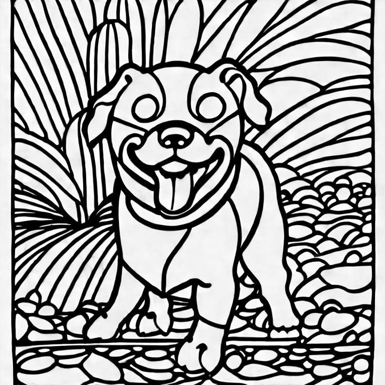Coloring page of a dog surfing