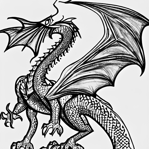 Coloring page of a dragon with flying wings