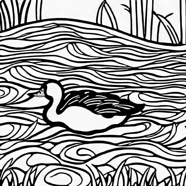 Coloring page of a duck swimming on a clear blue pond