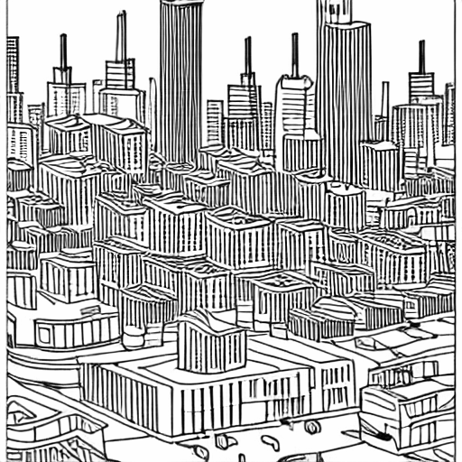 Coloring page of a dystopian city