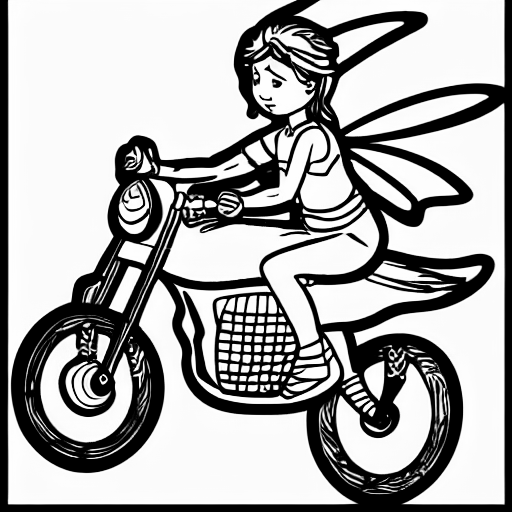 Coloring page of a fairy riding a motorbike