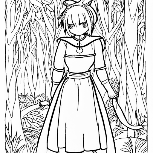 Coloring page of a female miqo te walks in forest