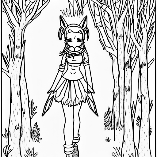 Coloring page of a female miqo te walks in forest
