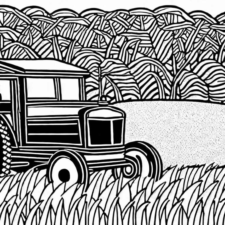 Coloring page of a field of mint and tractor in background