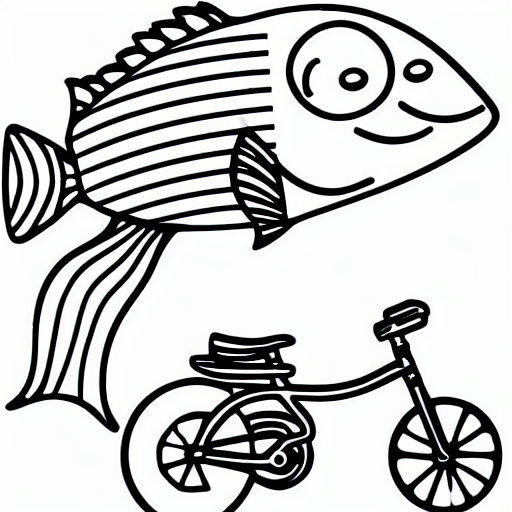 Coloring page of a fish on a bicycle