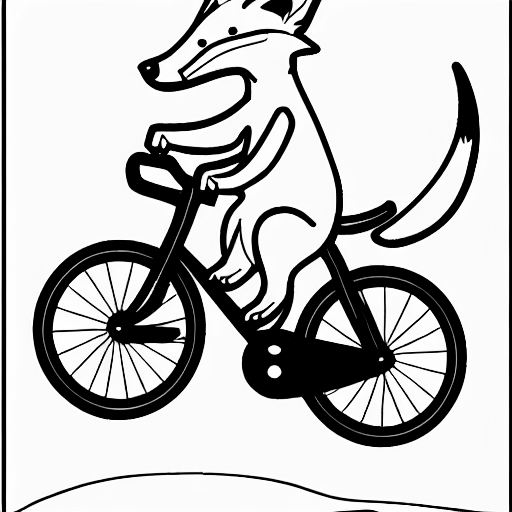 Coloring page of a fox riding a bicycle
