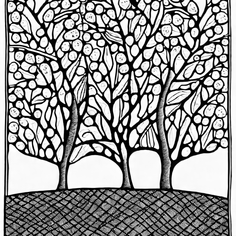 Coloring page of a free standing trees