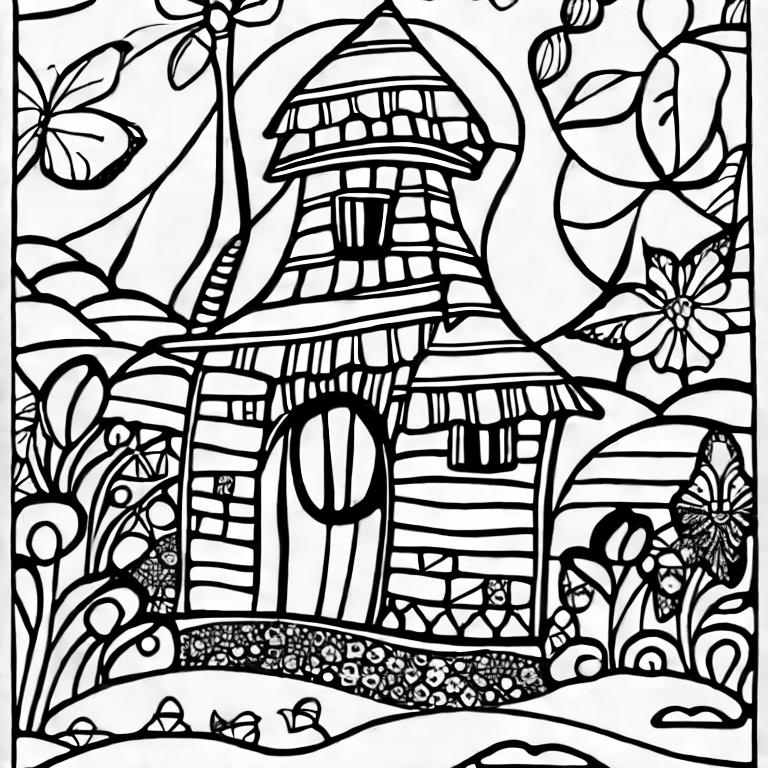 Coloring page of a friendly giant in a fantasy village