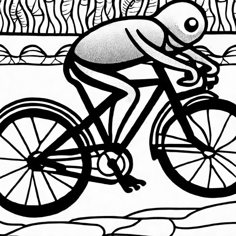 Coloring page of a frog on a bike