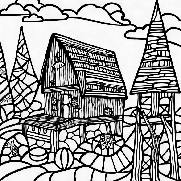 Coloring page of a giant in a fantasy village