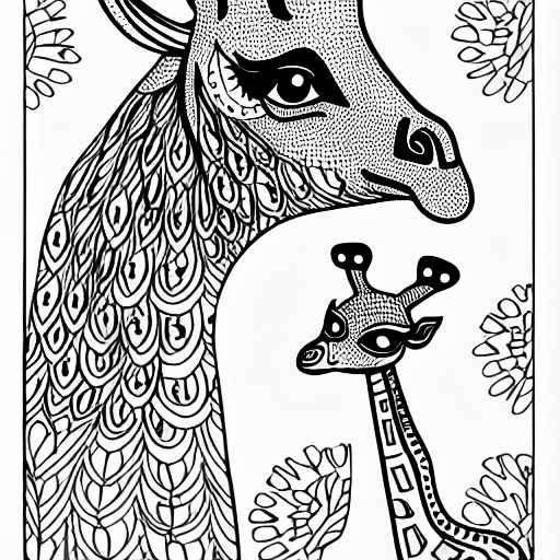 Coloring page of a giraffe and a peacock