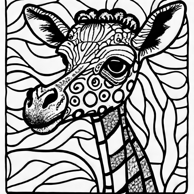 Coloring page of a giraffe with a sheep on his neck