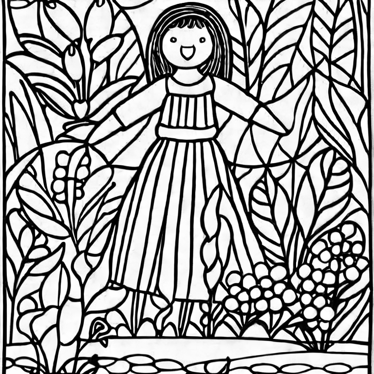Coloring page of a girl in the garden