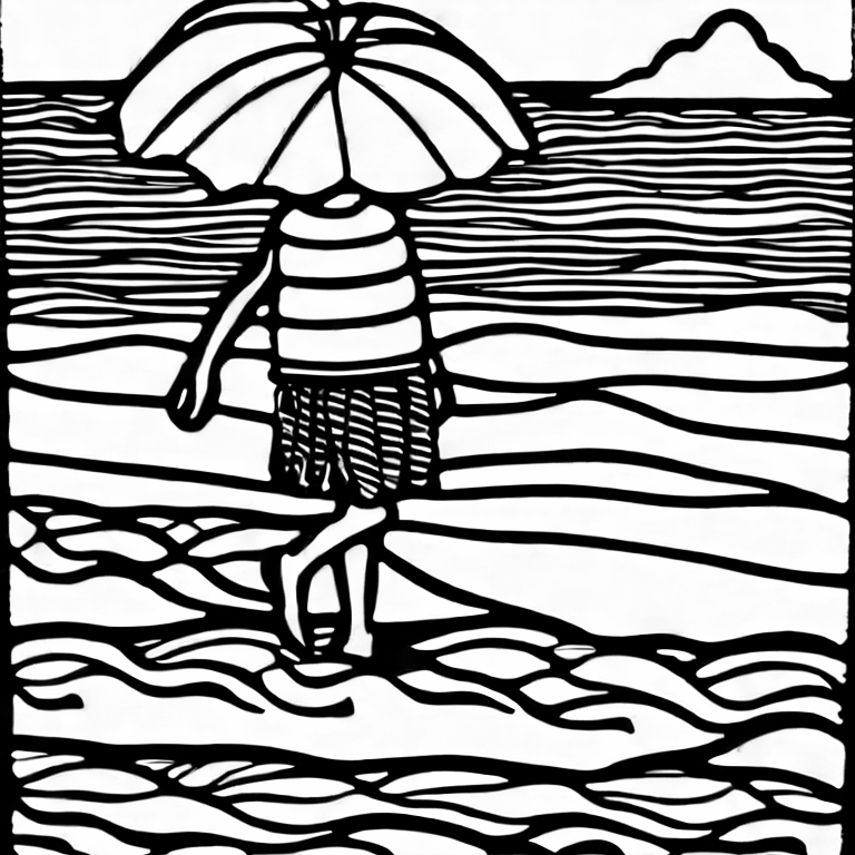 Coloring page of a girl walking on the beach