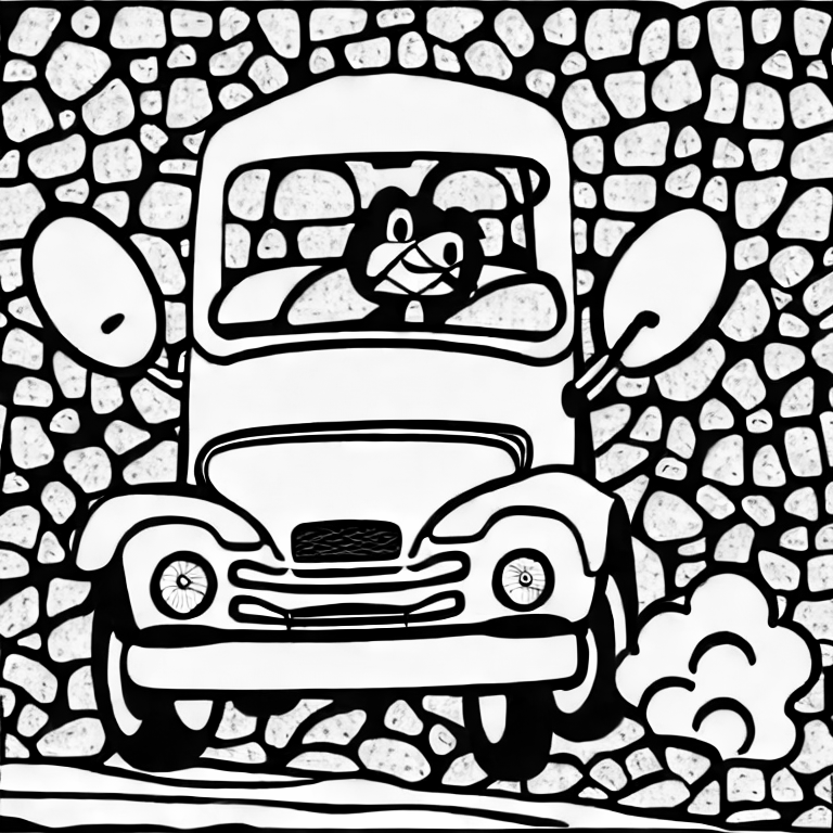 Coloring page of a happy dinosaur driving a happy car