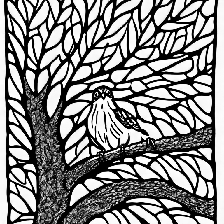 Coloring page of a hawk in a tree