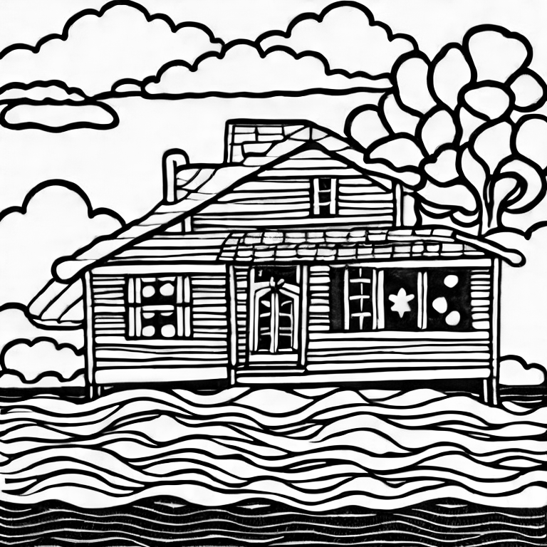 Coloring page of a house by the ocean