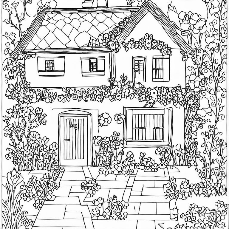 Coloring page of a house with a beautiful garden