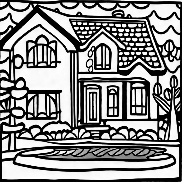 Coloring page of a house with a pool