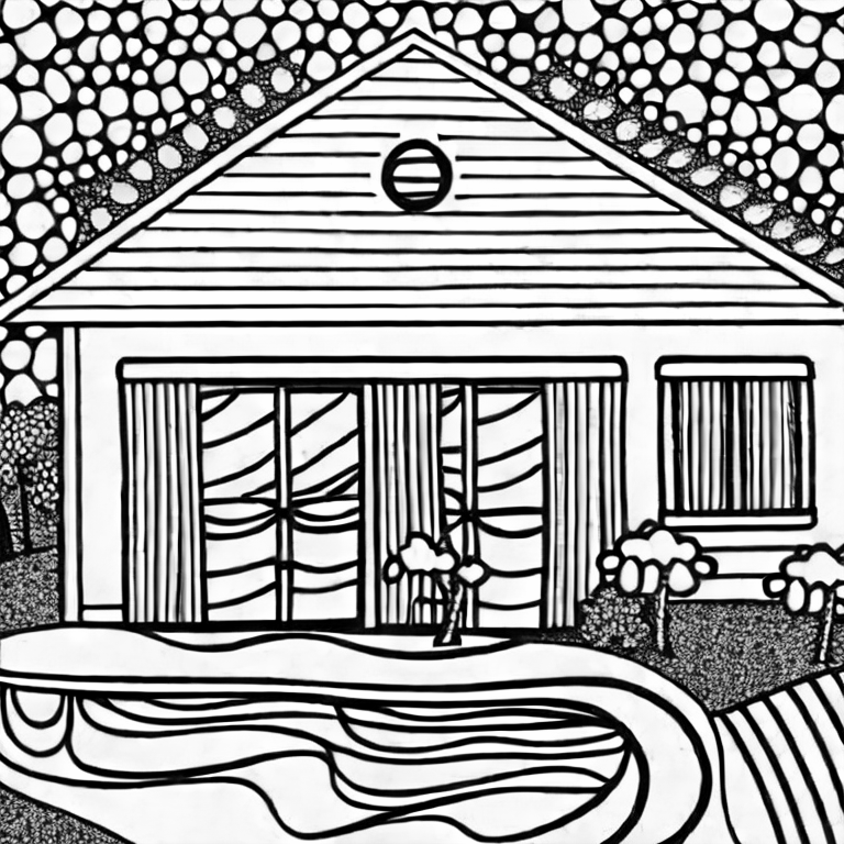 Coloring page of a house with a pool in the backyard