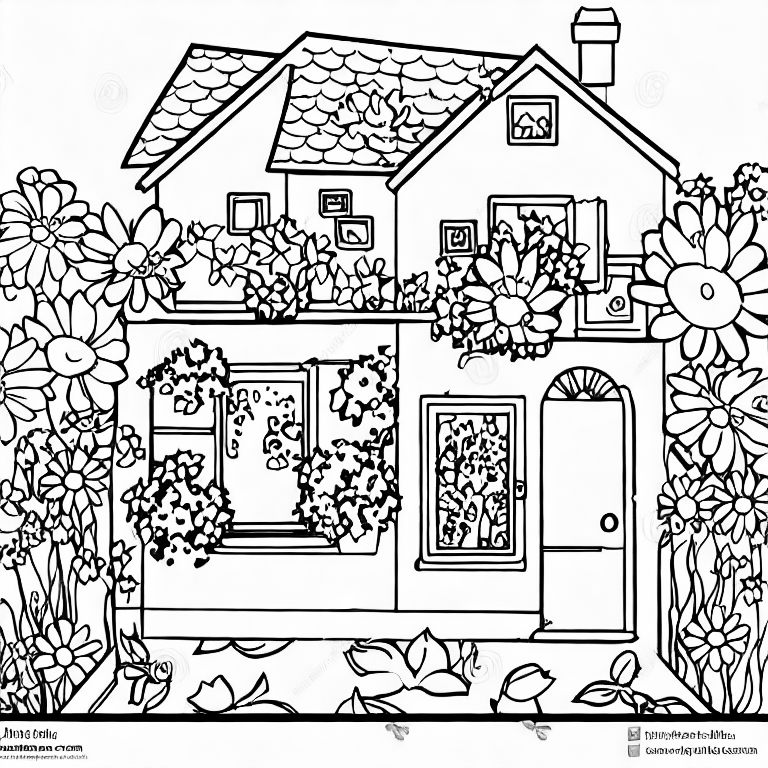Coloring page of a house with flower garden