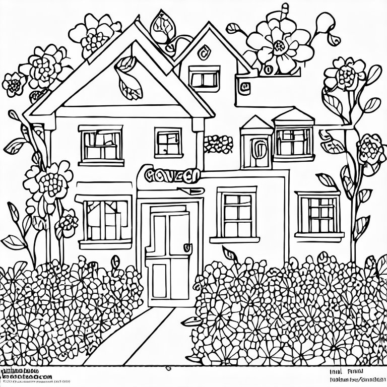 Coloring page of a house with flower garden