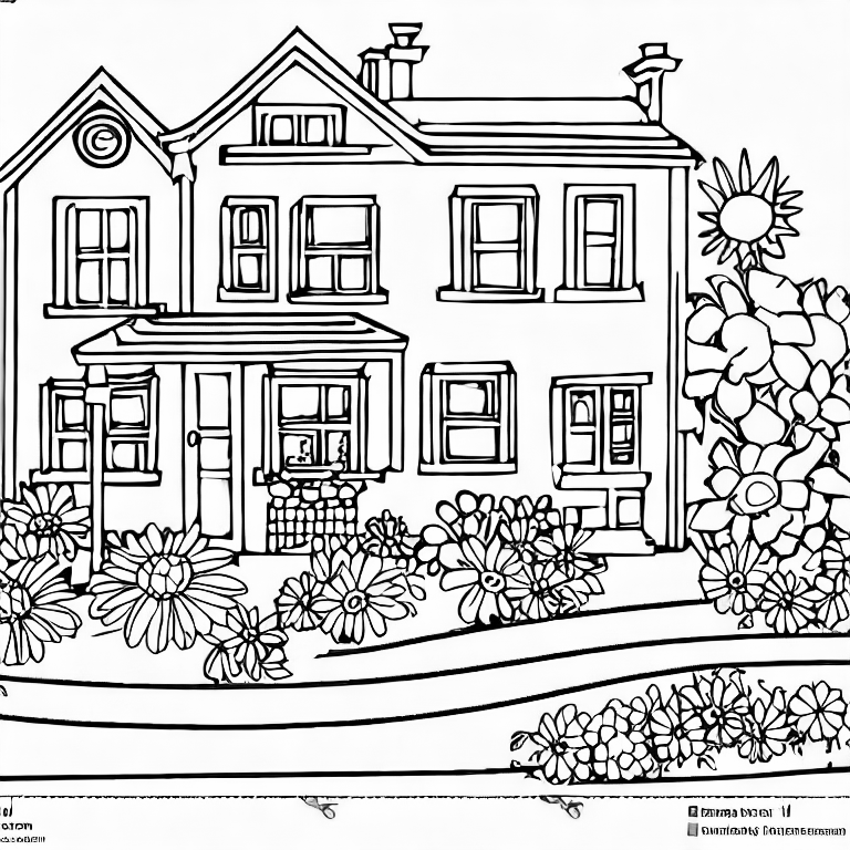 Coloring page of a house with flower garden in front