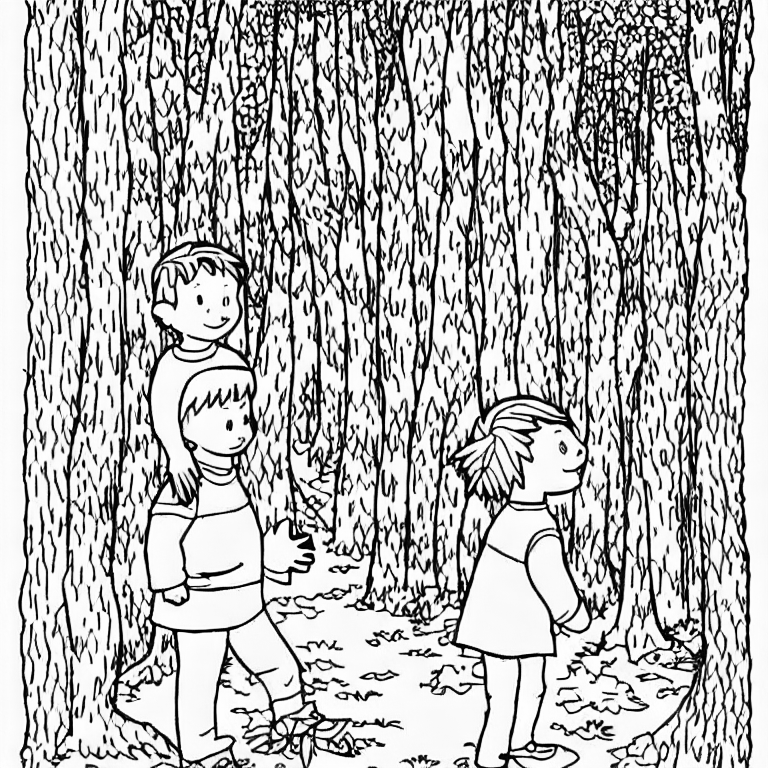 Coloring page of a kid on a forest