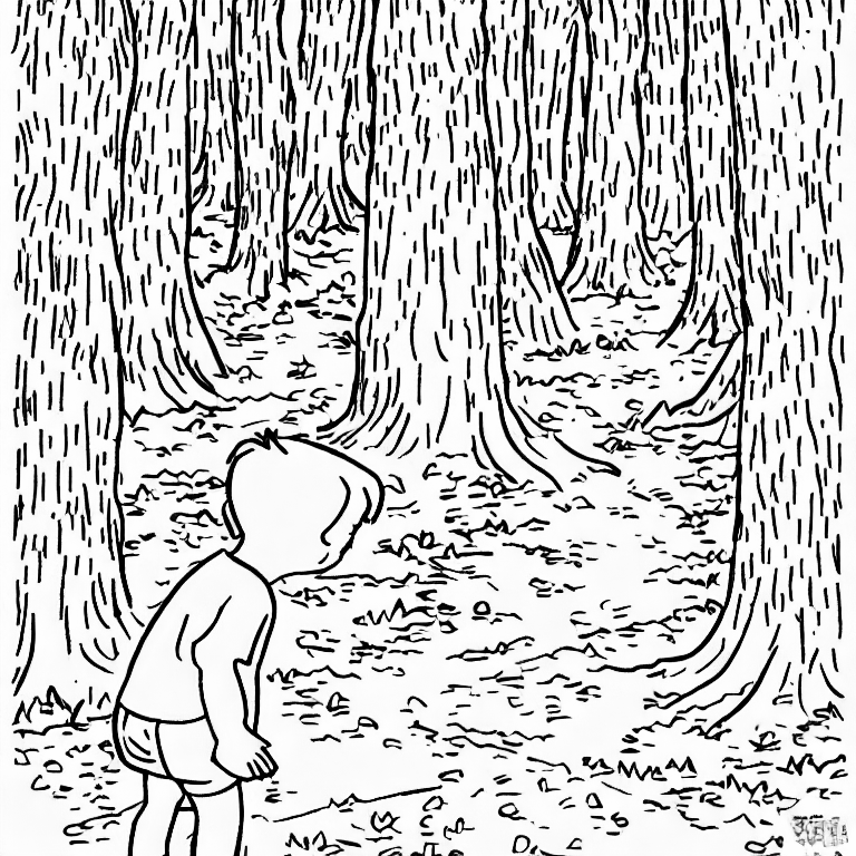 Coloring page of a kid on a forest