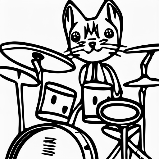 Coloring page of a kitten playing drums in a heavy metal band