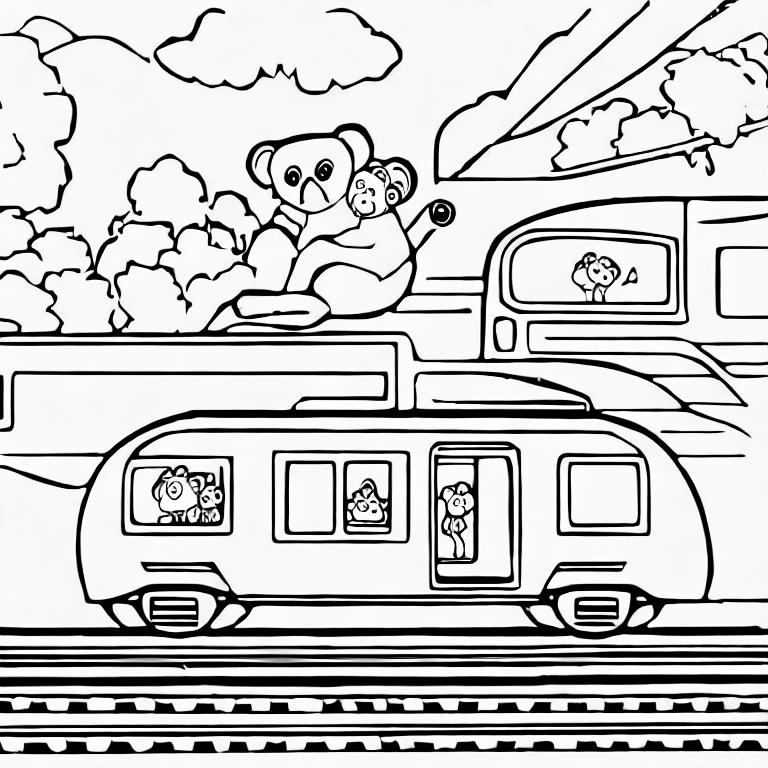 Coloring page of a koala riding a train