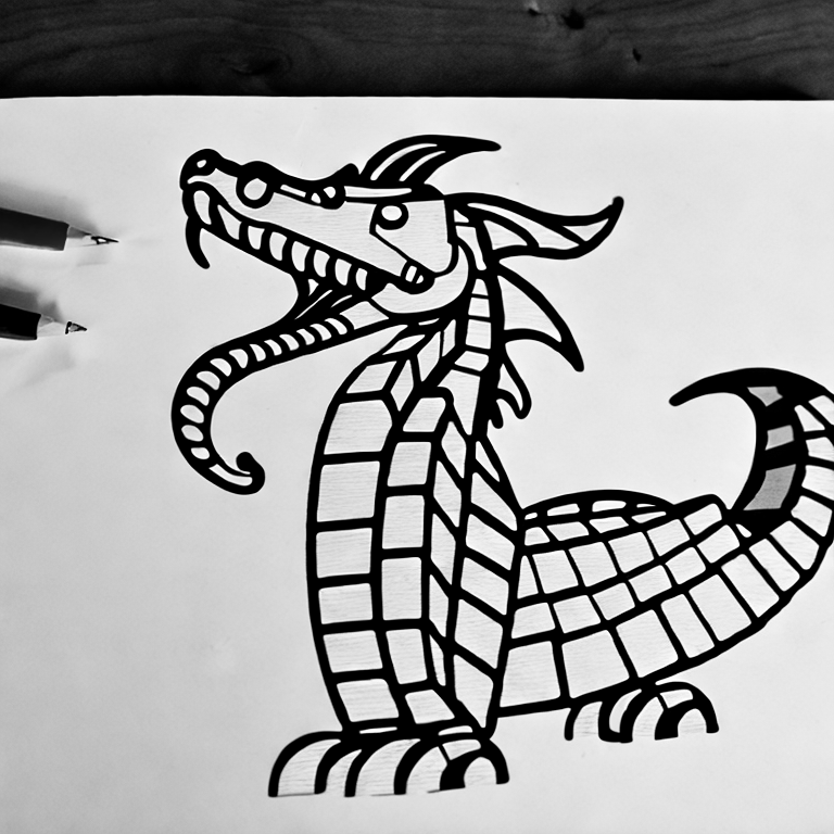 Coloring page of a lego brick dragon with white wall paper