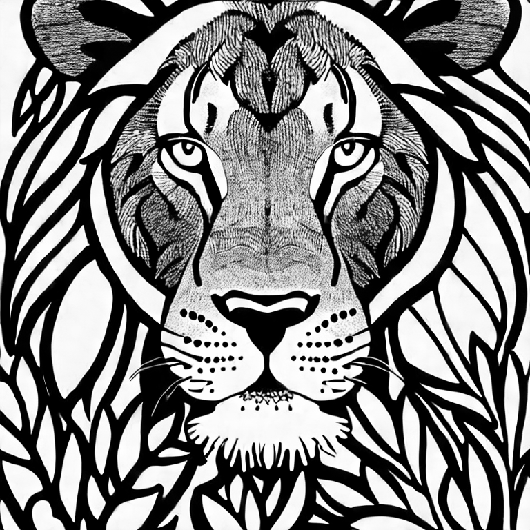 Coloring page of a lion in a jungle