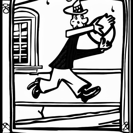 Coloring page of a man throws records out of a window while turkeys are grazing underneath