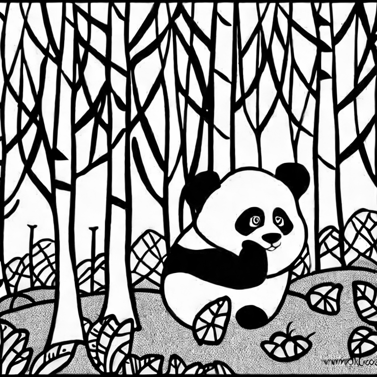Coloring page of a panda in the woods