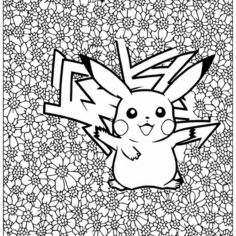 Coloring page of a pikachu in the colorful flower garden