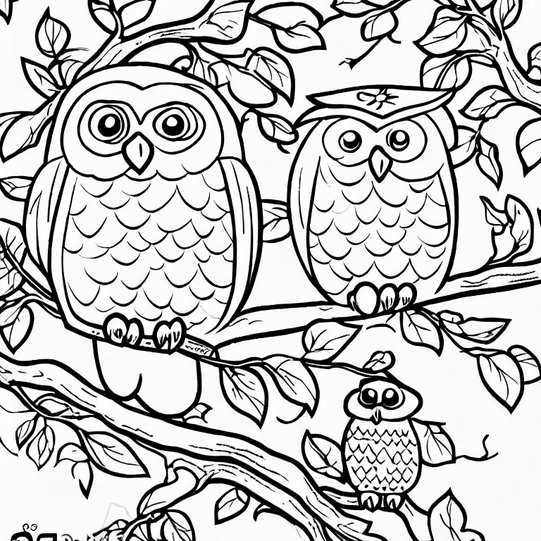 Coloring page of a plump owl on a branch