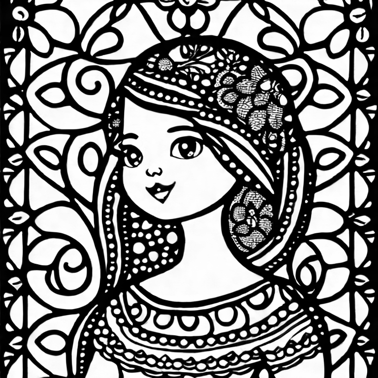 Coloring page of a pretty girl patterned