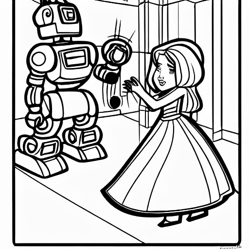 Coloring page of a princess fighting a robot