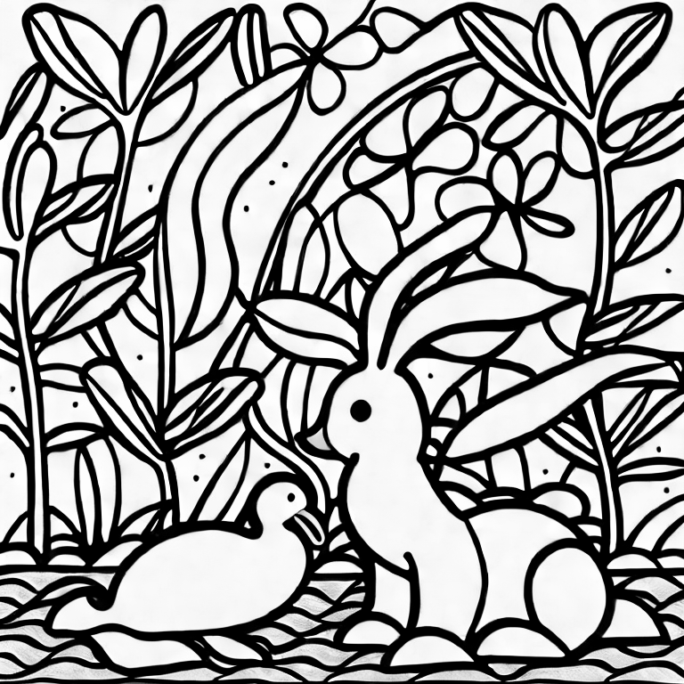 Coloring page of a rabbit and duck