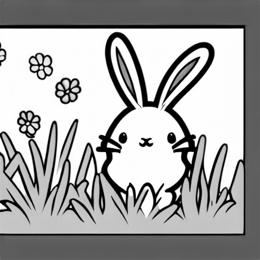 Coloring page of a rabbit playing happily in a meadow with chibi style easter eggs