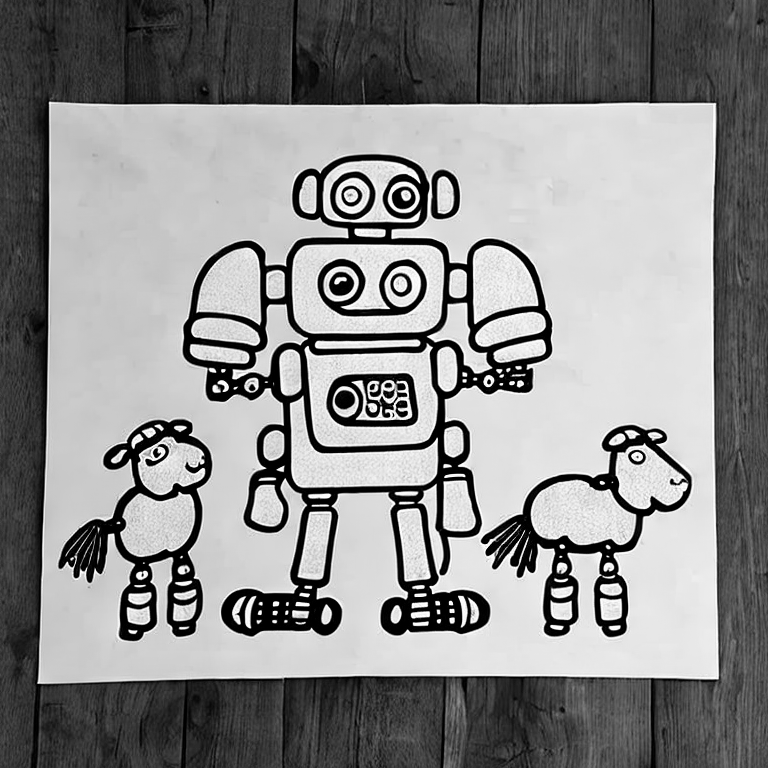 Coloring page of a robot and a sheep