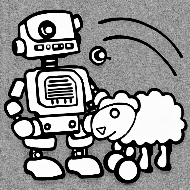 Coloring page of a robot and a sheep